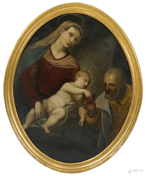 Pittore del XVII secolo, Sacra famiglia, olio su tela ad assetto ovale, cm 120x95,entro cornice.