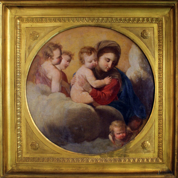 Madonna con Bambino e putti, olio su tela ad assetto tondo, diam. 49 cm, XVIII sec., entro cornice.