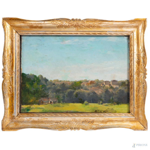 Paesaggio con case, XX secolo, olio su tela, cm 20x27,5, firmato, entro cornice,