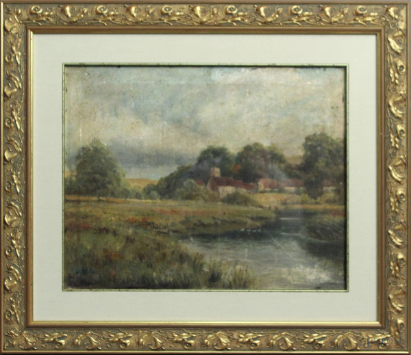 Paesaggio con case e fiume, dipinto ad olio su tela, cm 40 x 50, entro cornice.