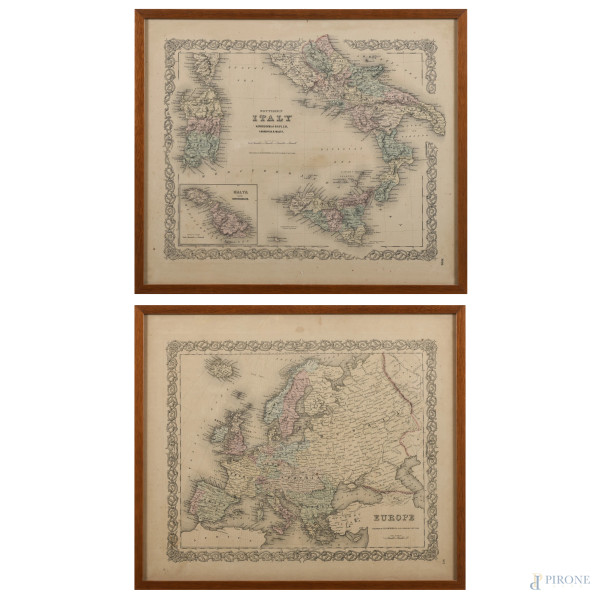 Lotto di due cartine geografiche "Europe" e "Southern Italy" , XIX-XX secolo, misure massime cm 39x46, entro cornice, (segni di usura, ondulazioni della carta, tracce di umidità, foxing)