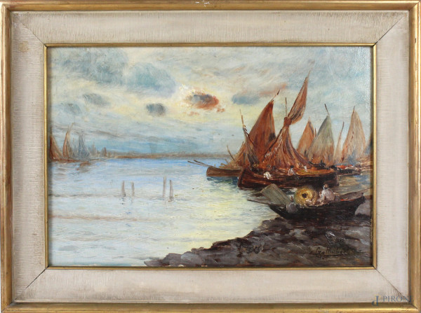 Marina con imbarcazioni, olio su masonite, cm 33x48, firmato Galimberti, entro cornice