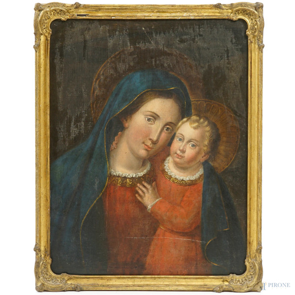 Madonna con il Bambino, olio su tela, firmato e datato a destra Martorelli 1875, cm 63,5x49,5, entro cornice