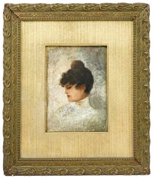 Ritratto di donna, olio su cartone, cm 21x15, firmato, entro cornice.