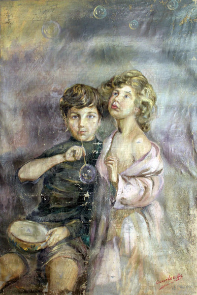 Bambini, olio su tela firmato, cm 150 x 100.