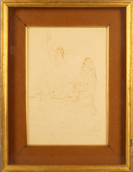 Felice Carena - La Piet&#224;, china su carta telata, cm. 31x22, datato 1953, entro cornice.