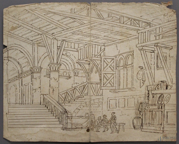 Interno di castello con figure, tecnica mista su carta, 36x44 cm, XVIII sec.