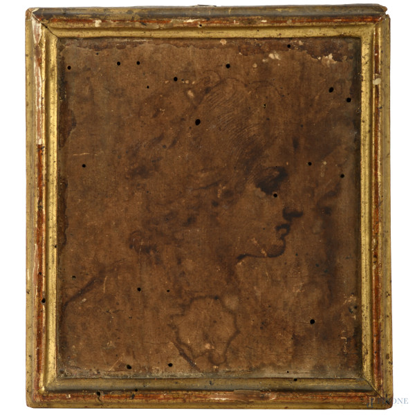 Profilo di donna, inchiostro acquarellato su carta applicata su legno, cm 17x15,5, (presenza di tarli, difetti)