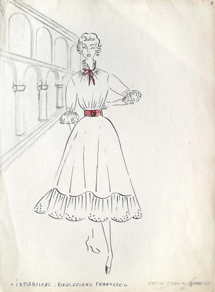 Enrica Berna Leoni (XX sec.), bozzetto raffigurante studio di moda per &#160;abbigliamento femminile, anni 40, tempera e tecnica mista su carta, cm 24x33, firmato