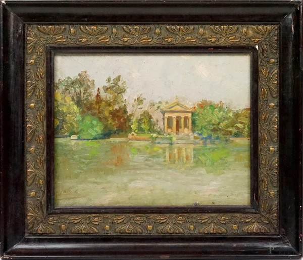 Giuseppe Lallich - Il laghetto di Villa Borghese, olio su cartone, cm 24,5x34, entro cornice.