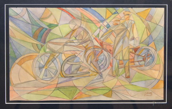 Umberto Bonetti, Motociclista, disegno su carta, cm 24x39, entro cornice con autentica.