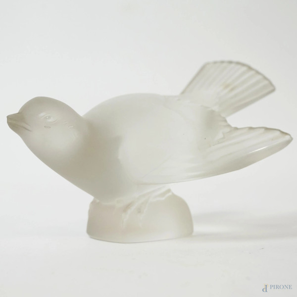 Lalique, piccola scultura di uccellino in cristallo, recante etichetta adesiva sotto la base, cm 8x13.