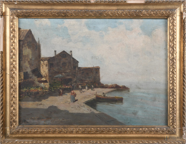 Villaggio sul mare, XX secolo, olio su tela, cm 43x59, firmato in basso a sinistra, entro cornice, (segni di usura, abrasioni, piccole cadute di colore, difetti)