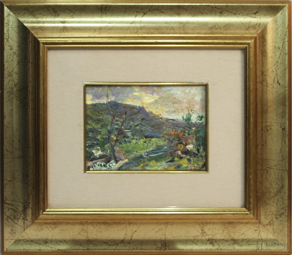 Paesaggio, olio su cartone telato, 12x18 cm, entro cornice firmato