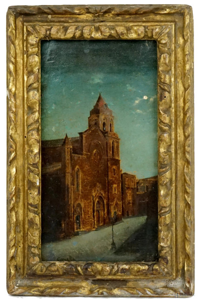 Cattedrale, olio su tavola, cm 26x14, firmato, entro cornice.