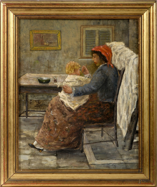 La pappa, XX secolo, olio su cartone telato, cm 38x30,5 entro cornice
