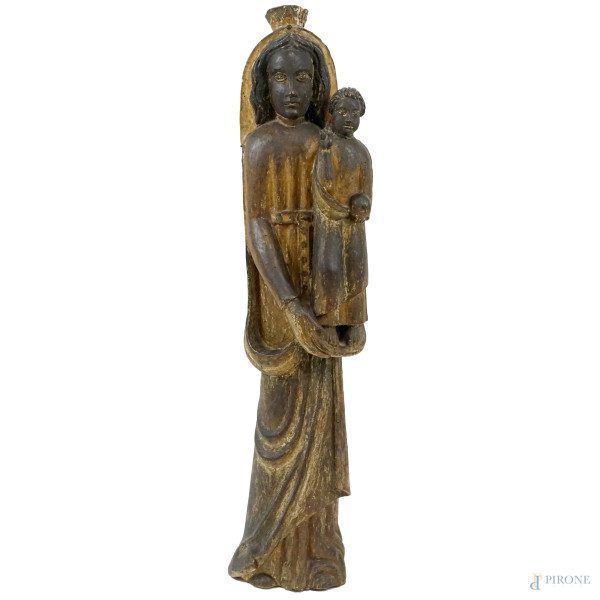 Madonna col Bambino, antica scultura in legno con tracce di policromia, cm h 94,5, (difetti).