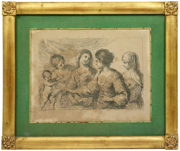 Quattro donne con bambino, stampa su carta, cm 23,5x30,5,  incisore Francesco Bartolozzi (1727-1815), inventore Giovanni Francesco Barbieri detto Guercino (1591-1666), in cornice, (difetti)