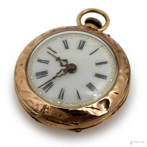Orologio in oro 18 kt Remontoir Cylindre 10 Rubis con ciondolo, cm 3, peso lordo gr 10, (da revisionare)