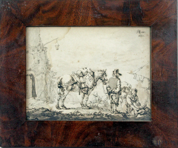 Uomo con cavallo e lavandaie, acquatinta, cm 14,5x19, incisore Cornelis Ploos van Amstel (1726-1798), inventore Philips Wouwerman (1619-1668), entro cornice, (macchia).