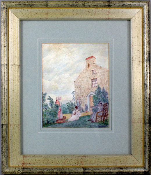 Pittore inglese del XIX sec., esterno con figure, acquarello su carta, 20x16cm, entro cornice.