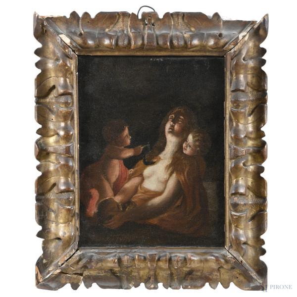 Maddalena con putti, XIX secolo, olio su tela, cm 27,5x20, entro cornice, (segni di usura, cadute di colore, segni di battitura del telaio)