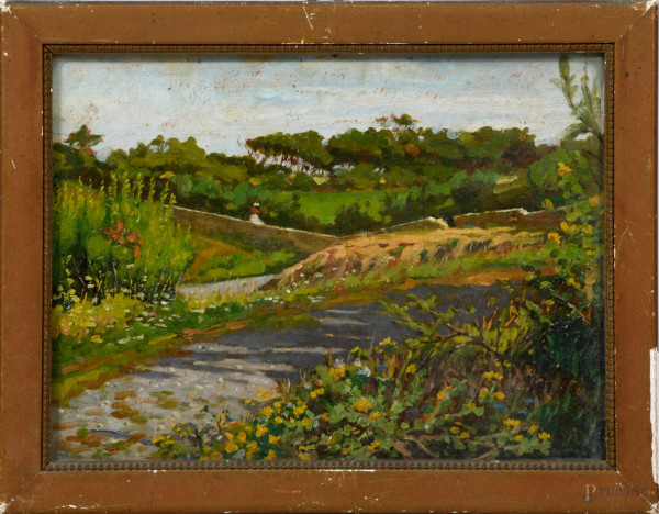 Emilio Zocchi (1835-1913), Montenero. Livorno, olio su cartone, cm 16x22, entro cornice, (difetti)