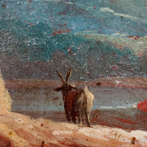 Scuola italiana d'inizio XX secolo, Paesaggio fluviale con pastori, olio su tela, cm 19x13