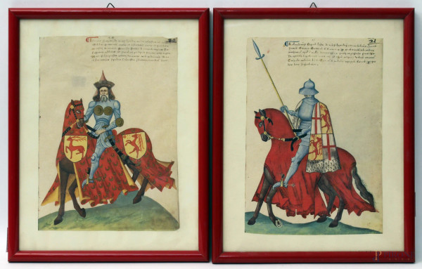 Lotto composto da due riproduzioni su pergamena raffiguranti cavalieri, cm 29x20, entro cornice.