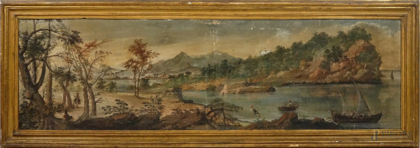 Pittore del XVIII secolo, Paesaggio fluviale con figure, tempera su tela, cm 51x179, entro cornice, (difetti). 