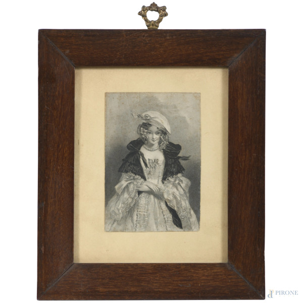 Gentildonna, XX secolo, stampa su carta, cm 11,5x8, entro cornice, (segni di usura, foxing, gore, increspature)