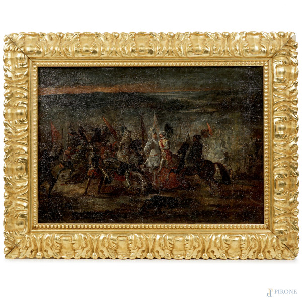 Pittore del XIX secolo, Scena di battaglia, olio su tela, cm 35x49, entro cornice