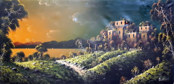 Maestro del Novecento, Paesaggio fantastico con castello, olio su tela, cm. 60x120, firmato, anni &#39;50.
