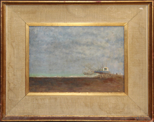 Fiumicino, olio su tavola, cm 35x25, entro cornice firmato Romoli.
