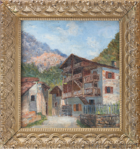Paesaggio montano con case, XX secolo, olio su tavola, cm 33x30, firmato in basso a destra, entro cornice, (segni di usura al margine, piccole cadute di colore)