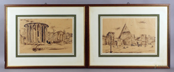 Ildebrando Urbani - Coppia di vedute di Roma, china su carta, cm. 20x30, entro cornice.