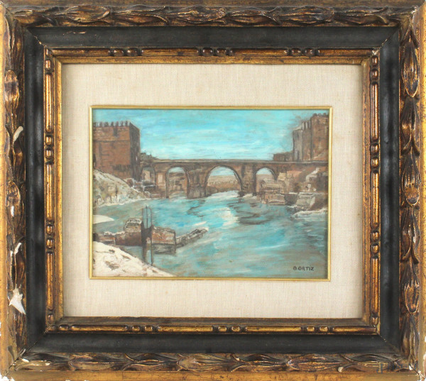 Paesaggio fluviale con ponte, olio su cartone, cm. 21x29, firmato O. Ortiz, entro cornice.