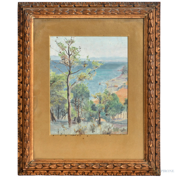 Paesaggio con albero, olio su cartone pressato, XX secolo, cm 35x27, entro cornice, (ondulazioni del supporto, tracce di umidità)