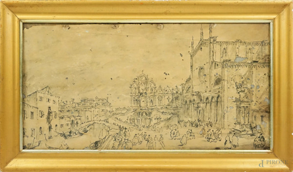 Veduta di Venezia, inchiostro su carta, XX secolo, firmato, cm 23x43, entro cornice