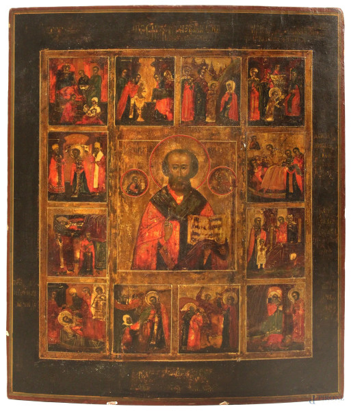 San Nicola, Vita e miracoli, icona a tempera su tavola cm 38x24, Russia XIX sec.