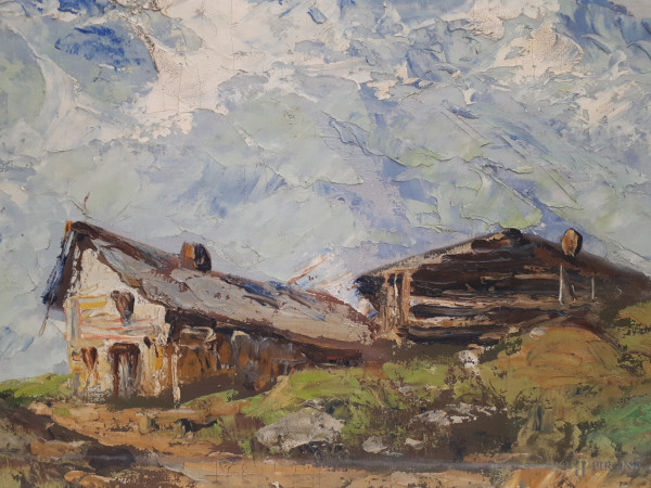Artista di inizio XX secolo, Rifugio alpino, olio su tela applicata su cartone, cm 50x68, firma p...