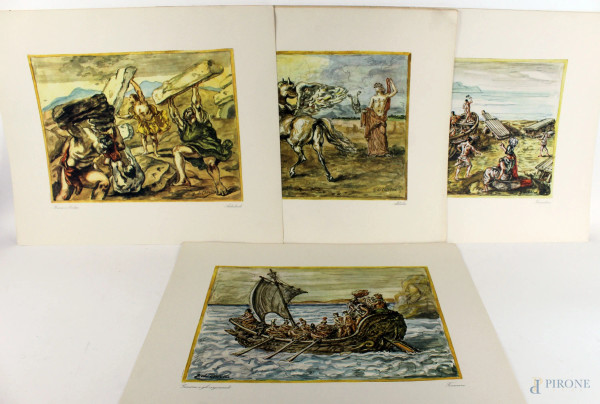 Giorgio De Chirico (1888-1978), lotto di sei stampe a colori, cm 51x41, dalla serie di acquarelli realizzati dall'artista negli anni '60 su commissione dell'IRI (Istituto per la Ricostruzione Industriale) 