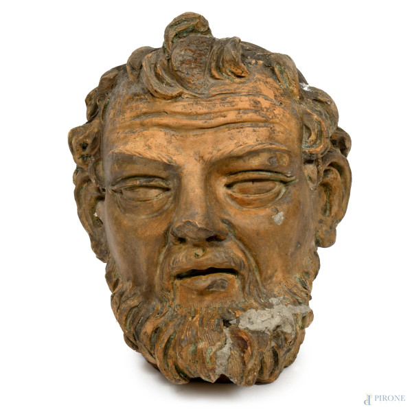 testa di fauno, XIX secolo, terracotta, cm 44x33x34, (difetti, mancanze, rotture)