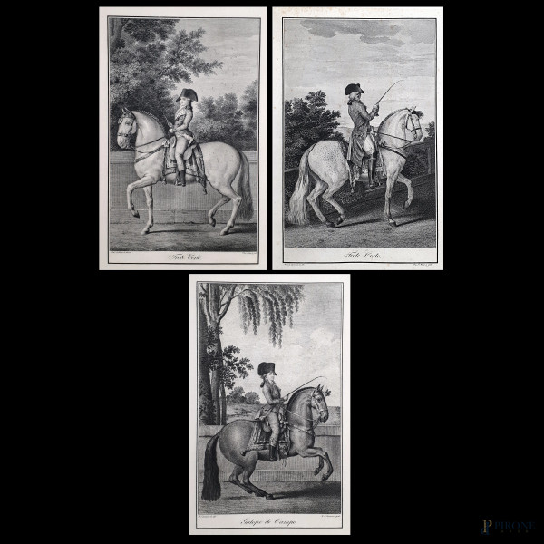 Lotto composto da tre grafiche raffiguranti cavalieri e scuola di Dressage, ciascuna cm 52x37