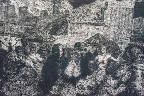 Carnevale, multiplo su carta, cm 27x36,5 circa, entro cornice.