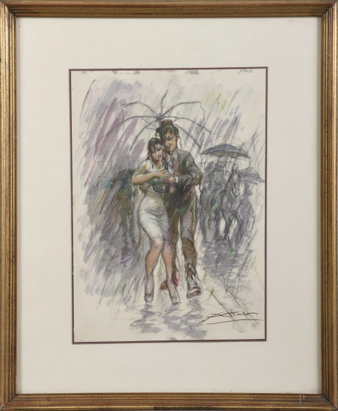 Attalo (1894-1986), Sotto la pioggia, disegno a tecnica mista su carta applicata su cartoncino, cm 38,5x28, firmato in basso, entro cornice, (lievi segni di usura)