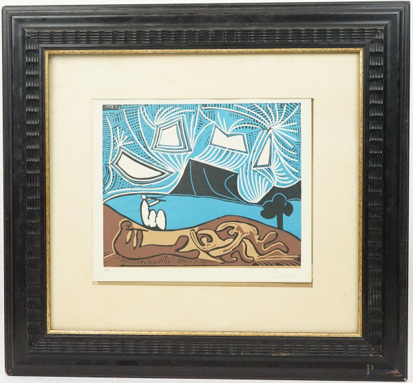 Pablo Picasso - Baccanale, incisone su linoleum, cm 30,5x36 circa, esemplare H.C., entro cornice.