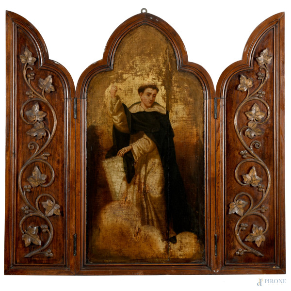 Trittico a sportello con apice polilobato in legno. Pannello centrale raffigurante ad olio Sant'Antonio e pannelli laterali con tralci d'uva a rilievo, XIX - XX secolo, misure aperto cm 96x101; misure chiuso cm 96x50,5; apertura del piano cm 88,5, (usura del tempo)