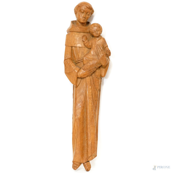 Flavio Pancheri (attivo a Ortisei, 1962 - 1994), Scultura in legno raffigurante San Francesco con il Bambino, altezza cm 75