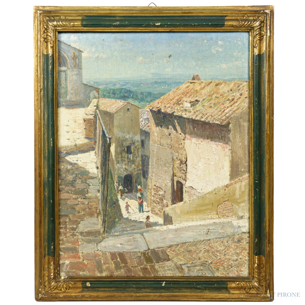 Scorcio di Poggio Catino con figure, olio su tela, firmato e datato Odoardus Ferretti MCMXXVI, cm 45,5x35, entro cornice